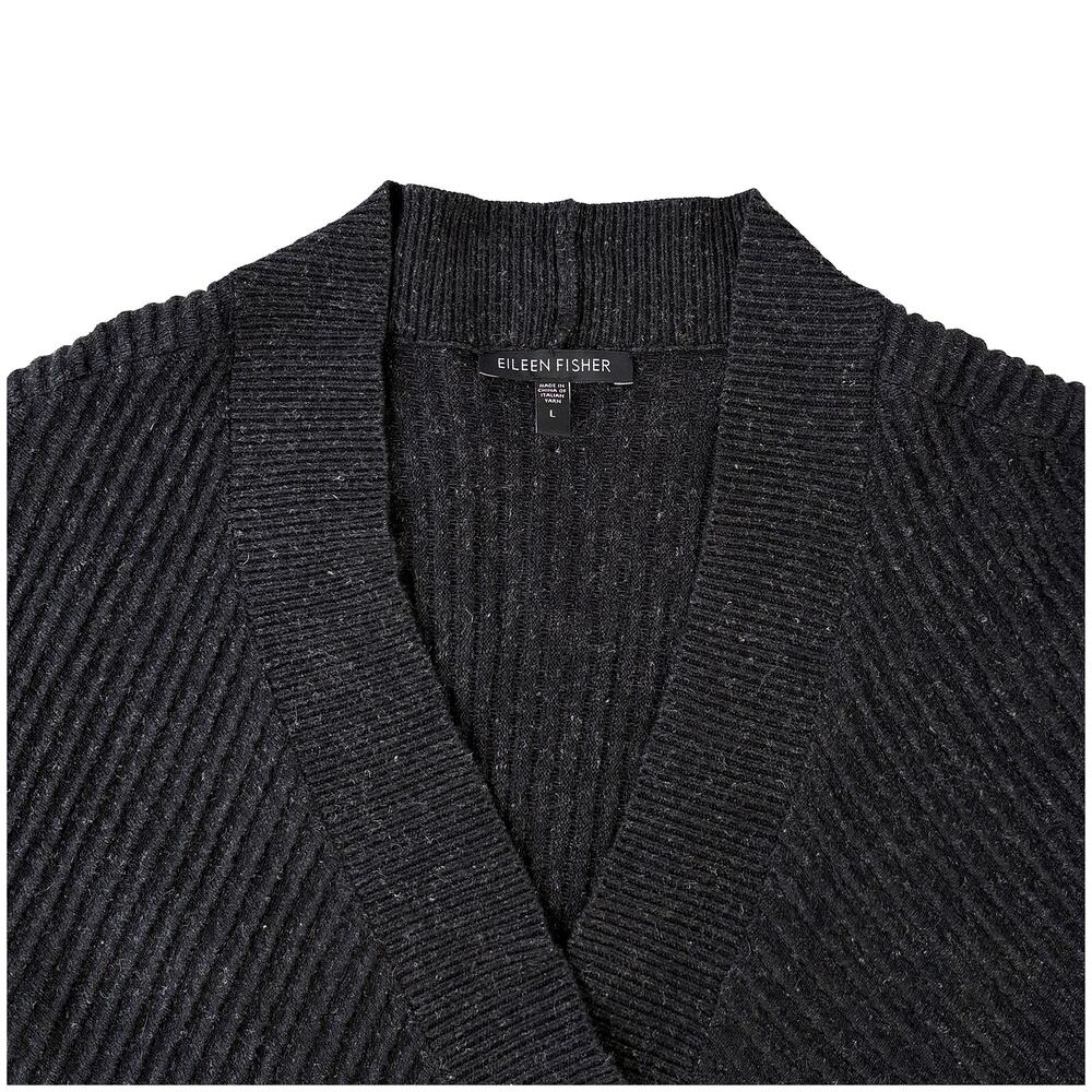 Eileen Fisher Ribbed Cardigan Sweater Womens L Heathered Black Draped Open